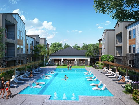 a rendering of an apartment pool with people in it